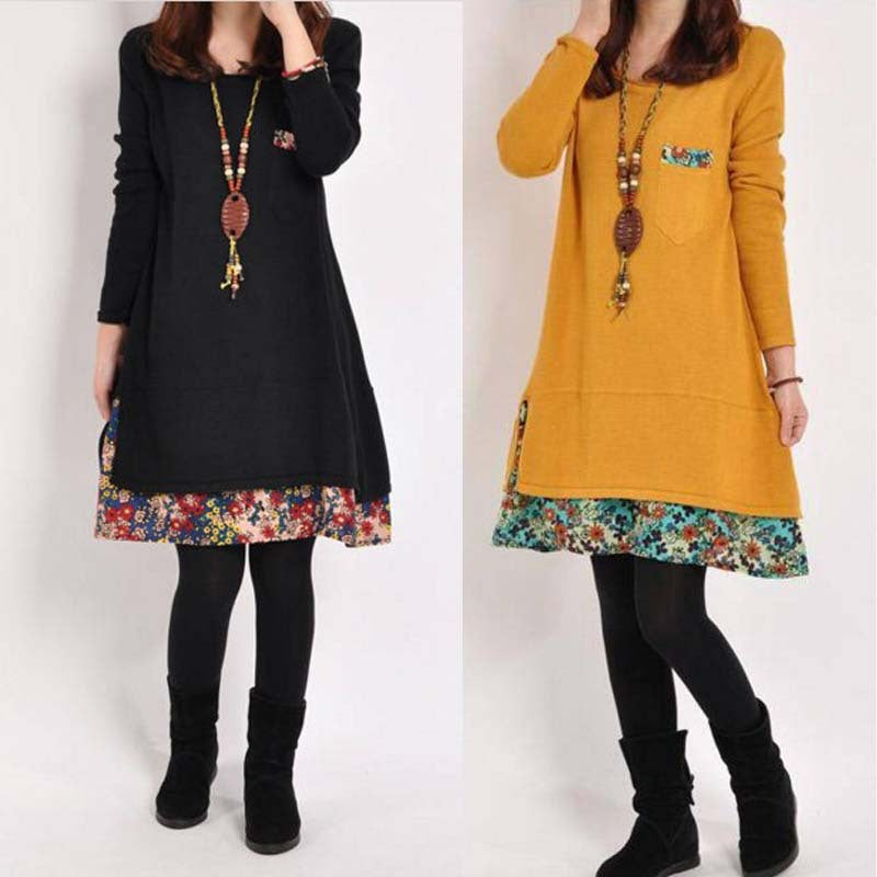 Long Sleeve Floral Patchwork Casual Dress