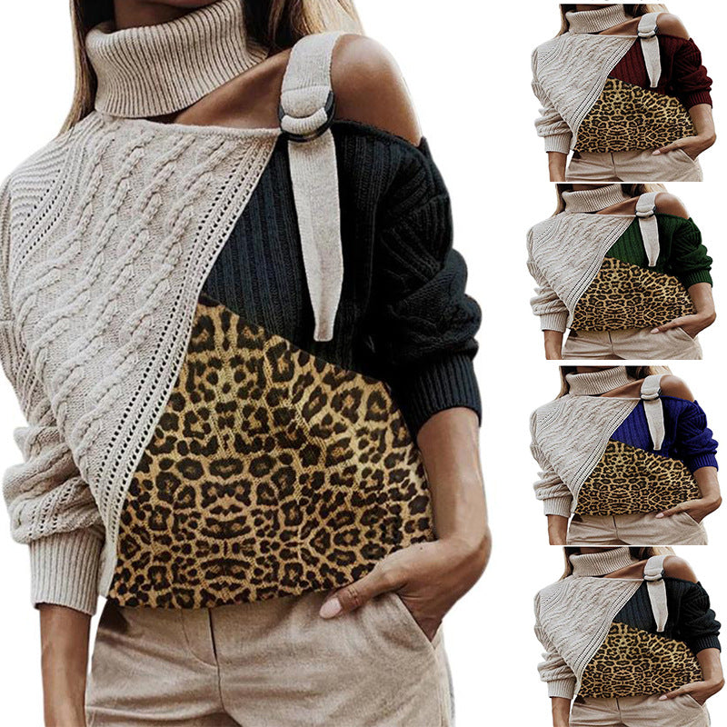 Women's Fall Winter Leopard Print Knit Sweater
