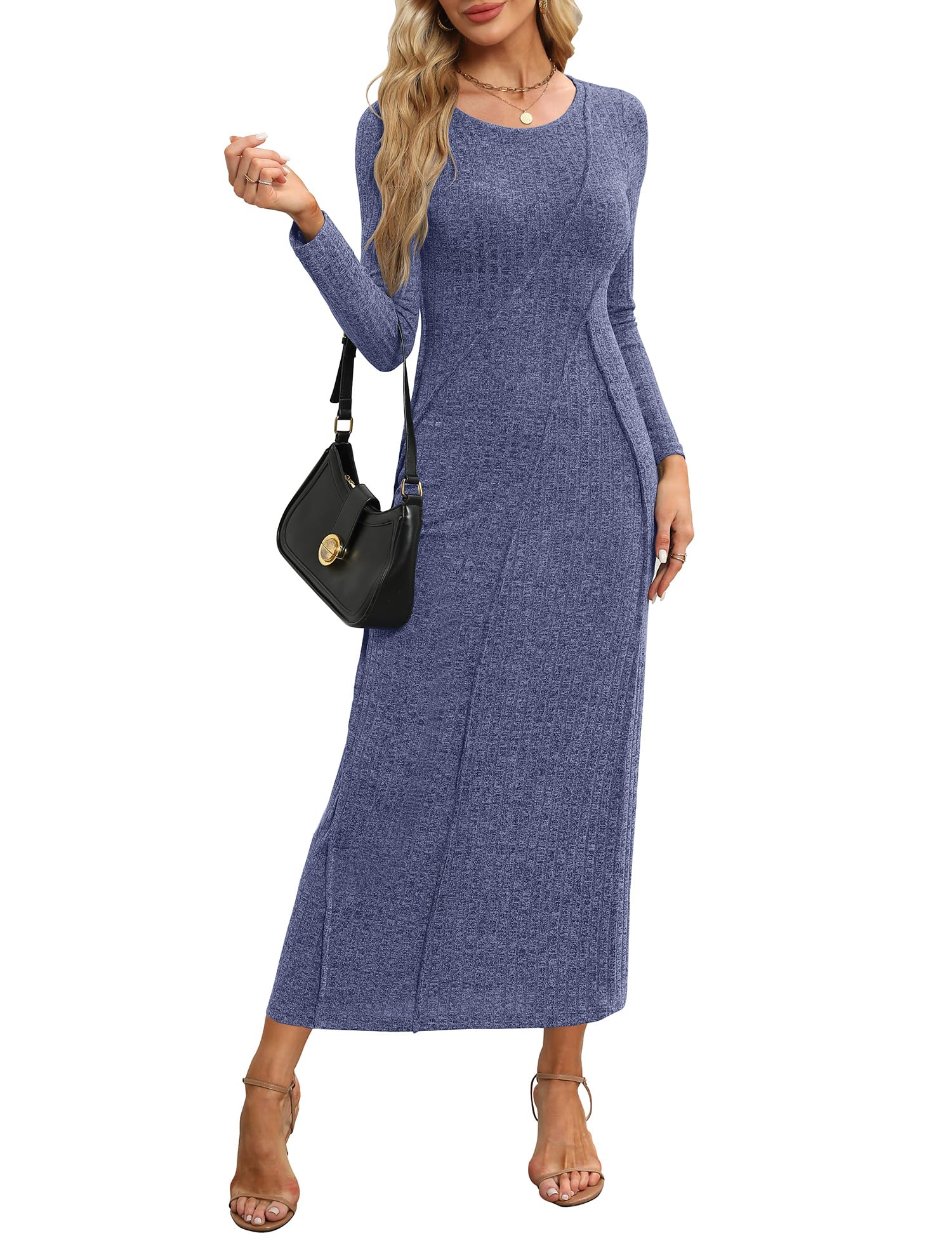 Annebouti Womens 2024 Fall Winter Long Sleeve Sweater Maxi Dress with Sleeves Casual Ribbed Knit Ladies Elegant Classy Wedding Guest Long Dresses Blue M