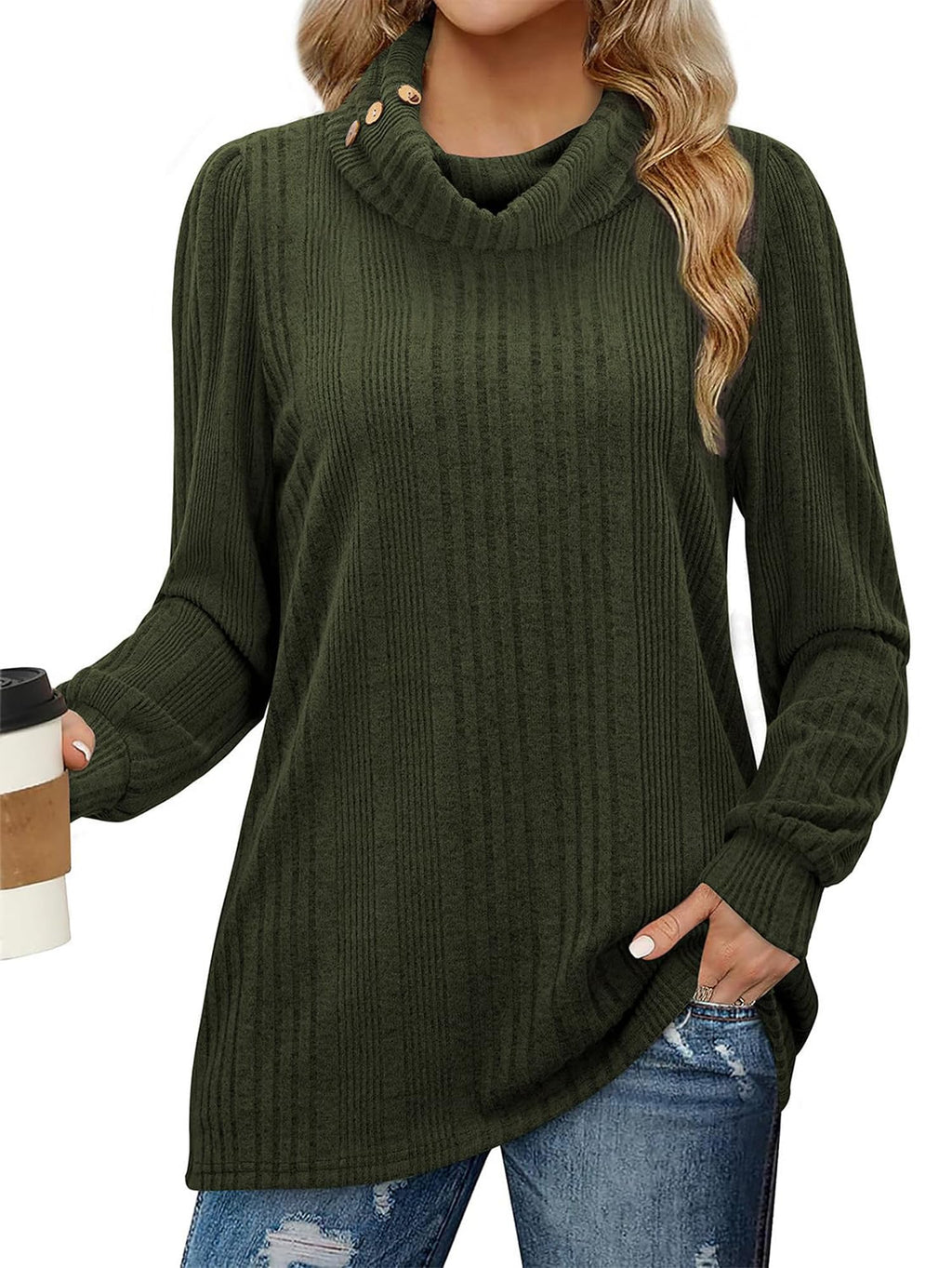 DAINASONG Long Sleeve Sweaters for Women Mock Neck Pullover Fall Tunic Tops Thermal Winter Basic Clothes Ladies Lightweight Button Decor Dressy Casual Green S