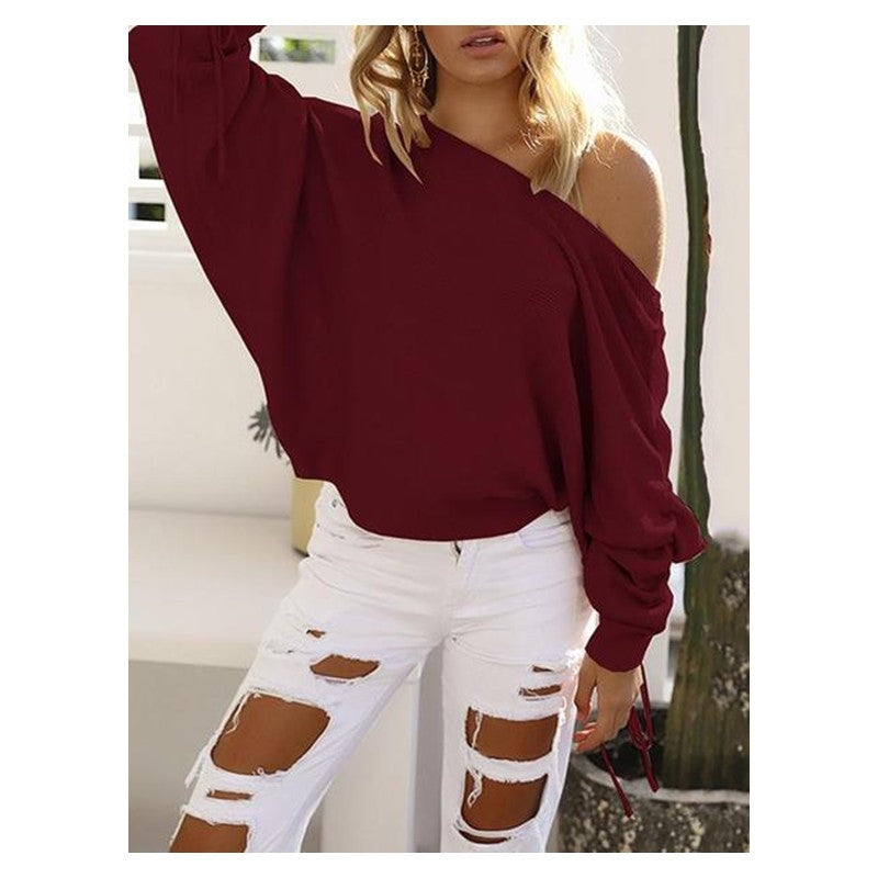 Fall Winter Off-Shoulder Ribbed Sweater Top