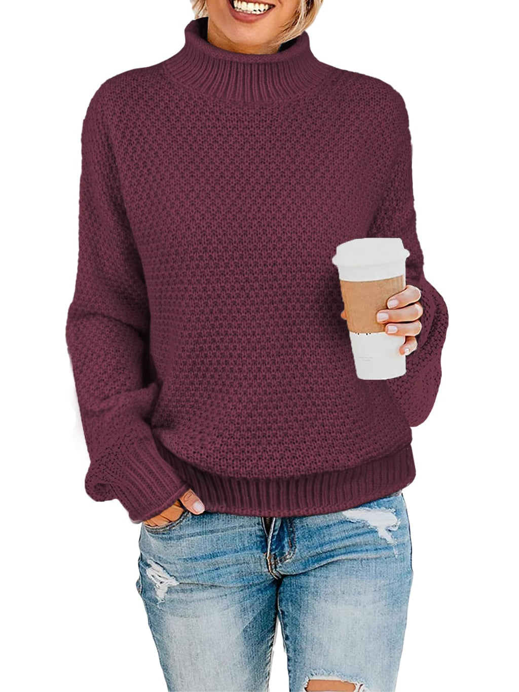 MixShe Womens Long Sleeve Tops Fall Fashion Turtleneck Sweaters Outfits Clothing for Women Sweatshirts Dressy Ladies Casual Shirts Trendy Tunics Clothes Knit Pullover Wine Red Large