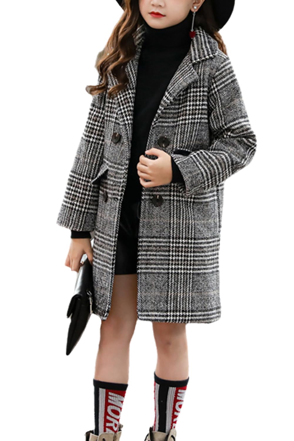 LAVIQK Boys Girls Winter Pea Coat Dress Coats Notched Lapel Collar Double Breasted Plaid Over Coats Long Jackets for Kids