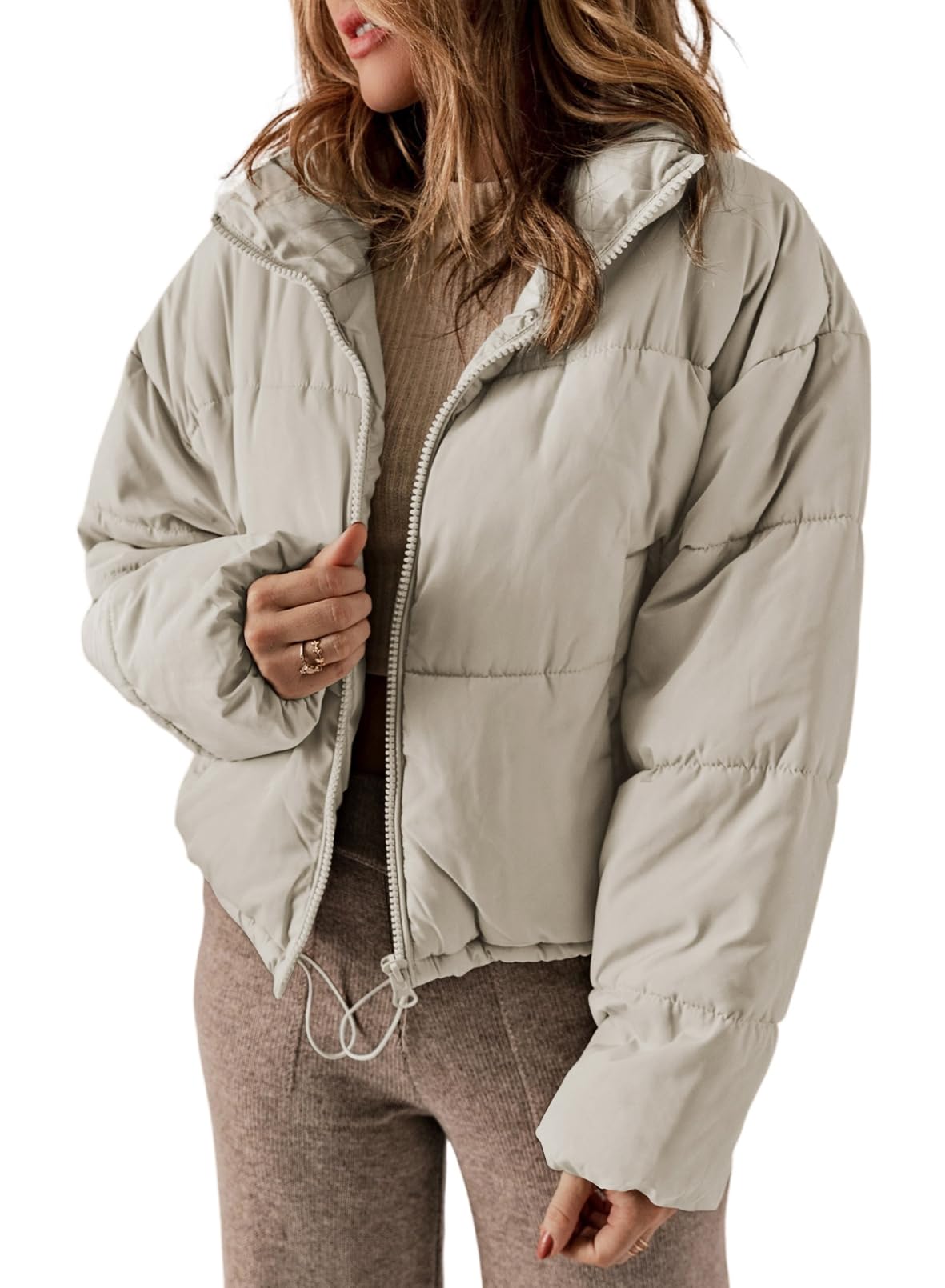Dokotoo Womens Puffer Jackets Ladies Cute Warm Winter Coats for Women Oversized Stand Neck Full Zipper Up Drawstring Baggy Padded Jacket Coat Warm Comfy Soft Outerwear with Pockets Grey 2XL