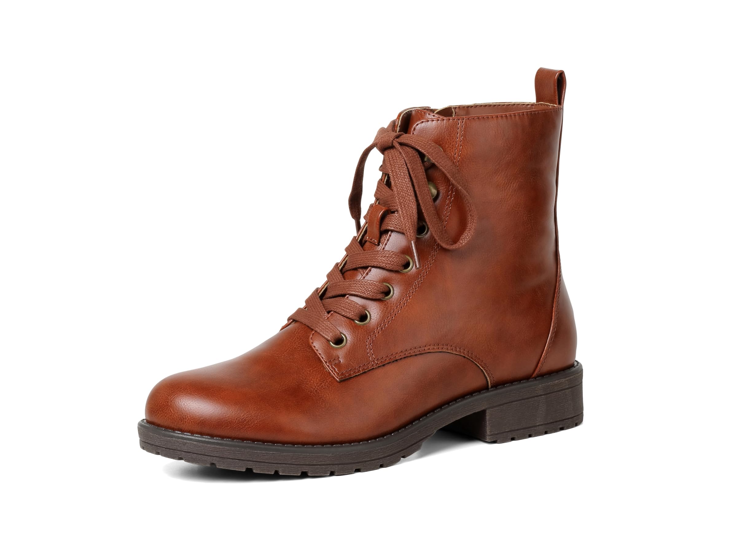 LISYIIZ Ankle Combat boots for Women Flat Lace up Booties with Zip Round Toe Soft Insole Warm Breathble Lining for Girls Ladies Fall Winter - Brown 7.5M US