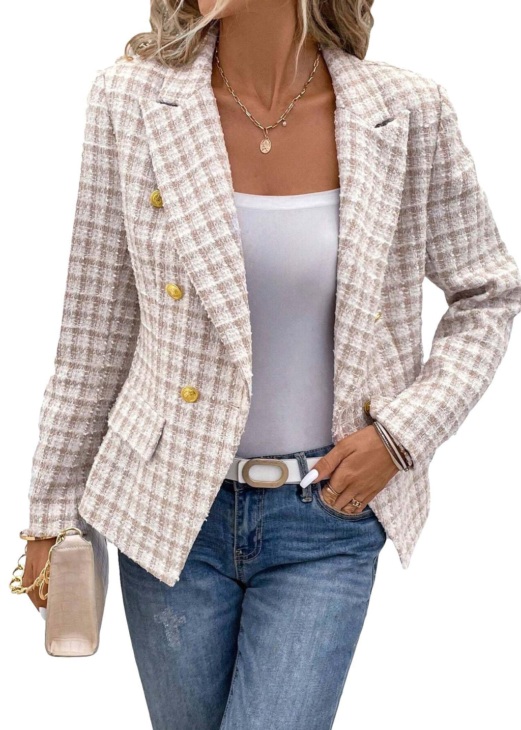 Women's Plaid Tweed Blazer Jacket