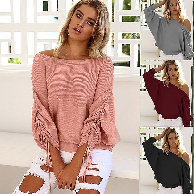 Fall Winter Off-Shoulder Ribbed Sweater Top