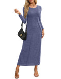 Annebouti Womens 2024 Fall Winter Long Sleeve Sweater Maxi Dress with Sleeves Casual Ribbed Knit Ladies Elegant Classy Wedding Guest Long Dresses Blue M